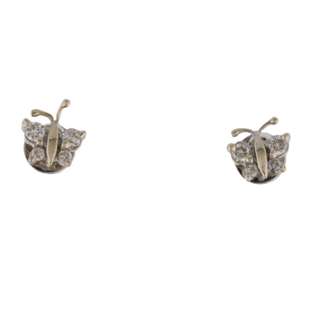 DIAMOND BUTTERFLY EARRINGS 14K WHITE GOLD STUD 8 STONES DAINTY DETAILED ANTENNAE - Picture 9 of 10